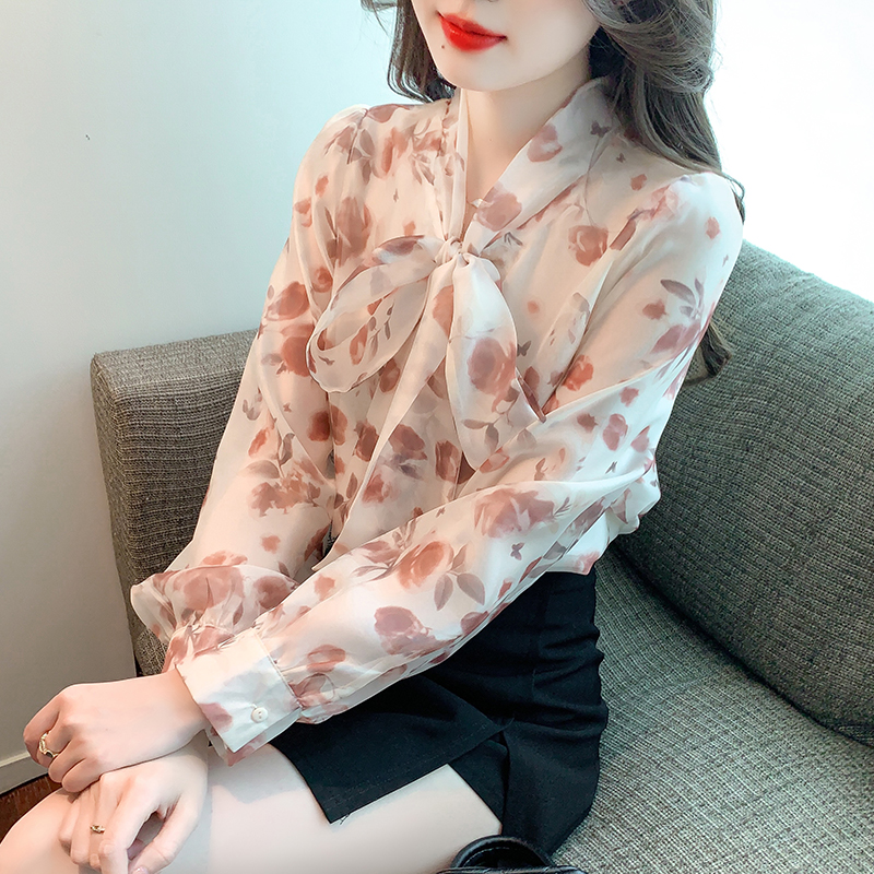 實拍碎花雪紡衫女長袖2024新款氣質時尚上衣蝴蝶小衫
