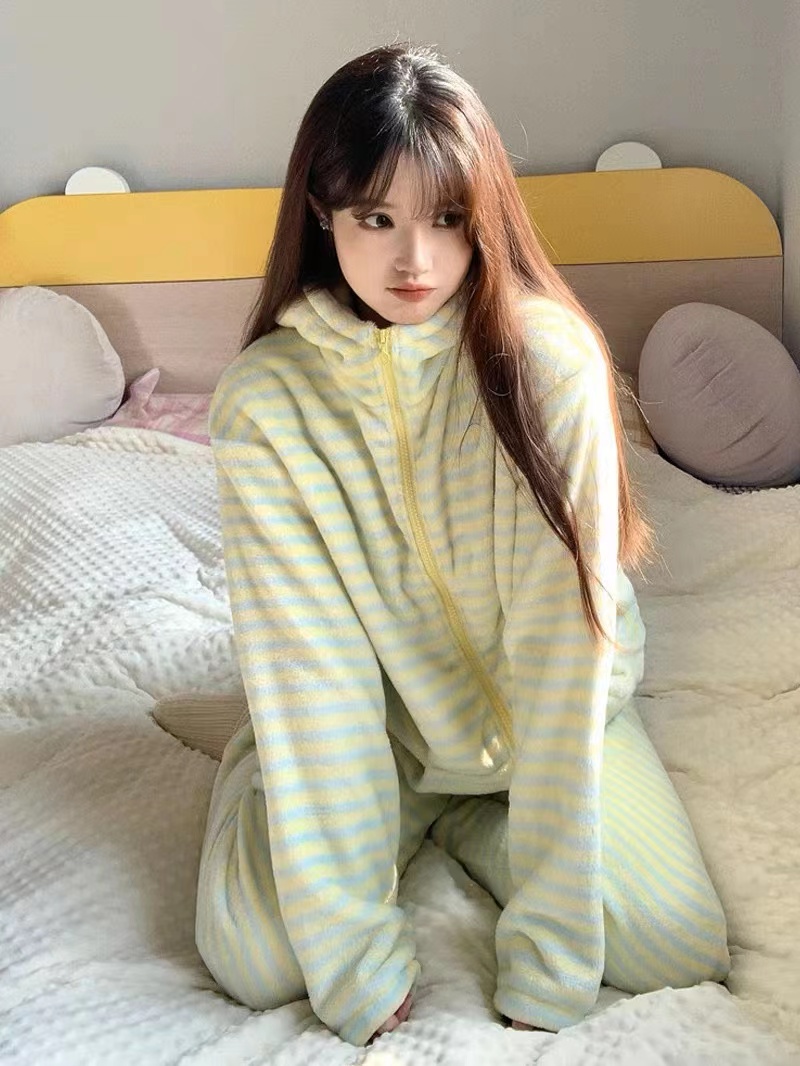 拼色條紋睡衣女款冬季加厚珊瑚絨拉鏈連帽長袖學生休閒家居服套裝