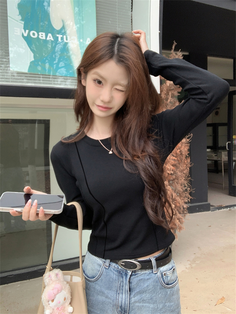 Real shot of hot girls short brushed long-sleeved T-shirt women's autumn and winter slim-fitting bottoming shirt high-waisted top