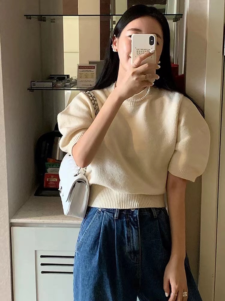 韓國2023秋季糖果色泡泡短袖復古針織衫女設計感圓領套頭寬鬆毛衣