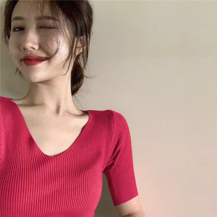 V領針織衫女早秋薄款冰絲T恤2023新款五分袖打底衫女修身中袖上衣