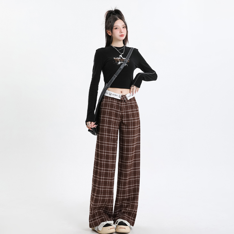 實拍 美式復古格子休閒褲女2024早春新款小眾腰頭外翻闊腿長褲