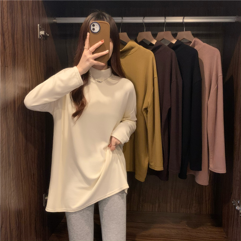 Actual shot of autumn and winter high-necked, loose, Korean-style German velvet warm long-sleeved inner layered shirt for women