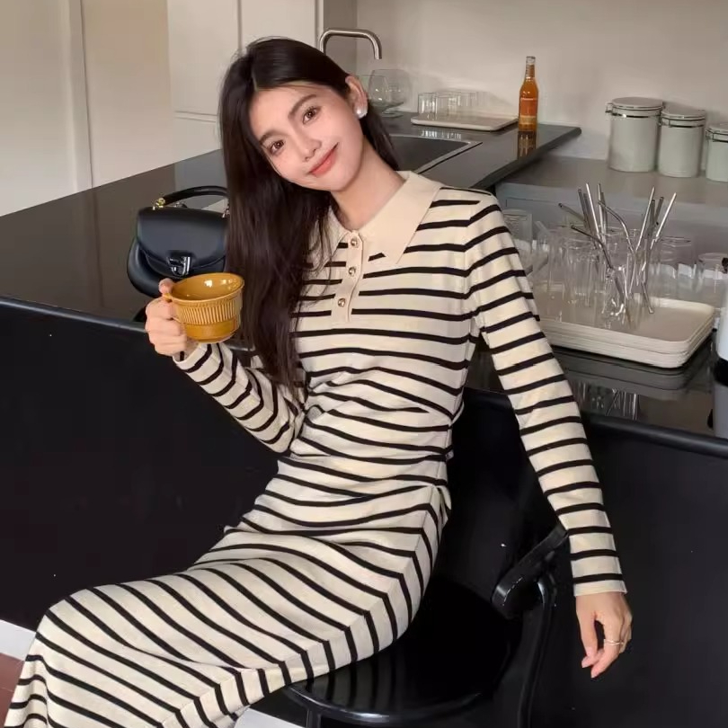 Spring contrast striped knitted long-sleeved dress polo collar Korean style lapel striped dress