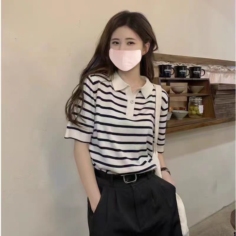 趙露思明星同款衣服 條紋短袖薄款針織衫T恤寬鬆別致polo領上衣女