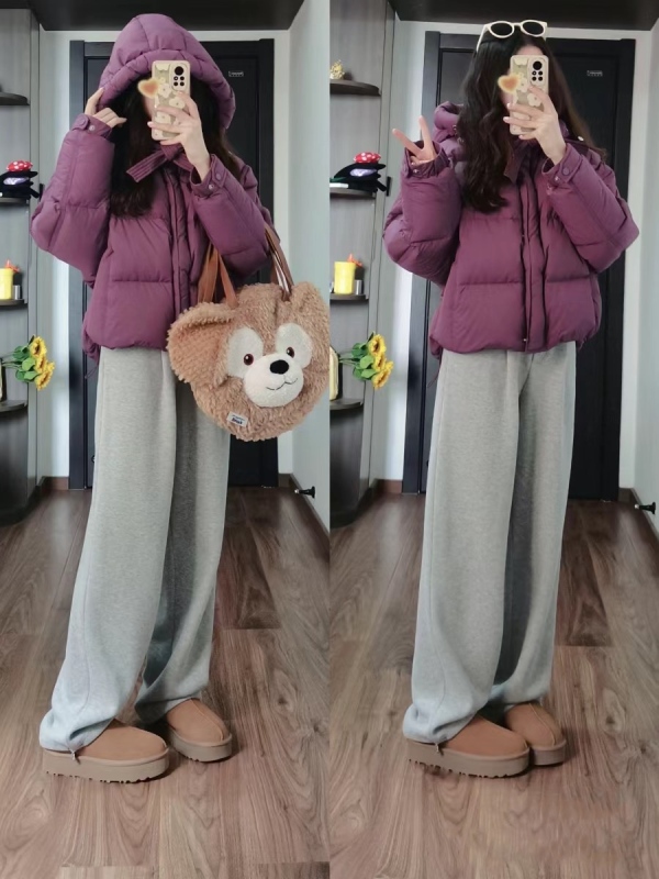 鹽系穿搭今年流行搭配一整套冬季紫色麵包服棉襖闊腿褲兩件套裝女
