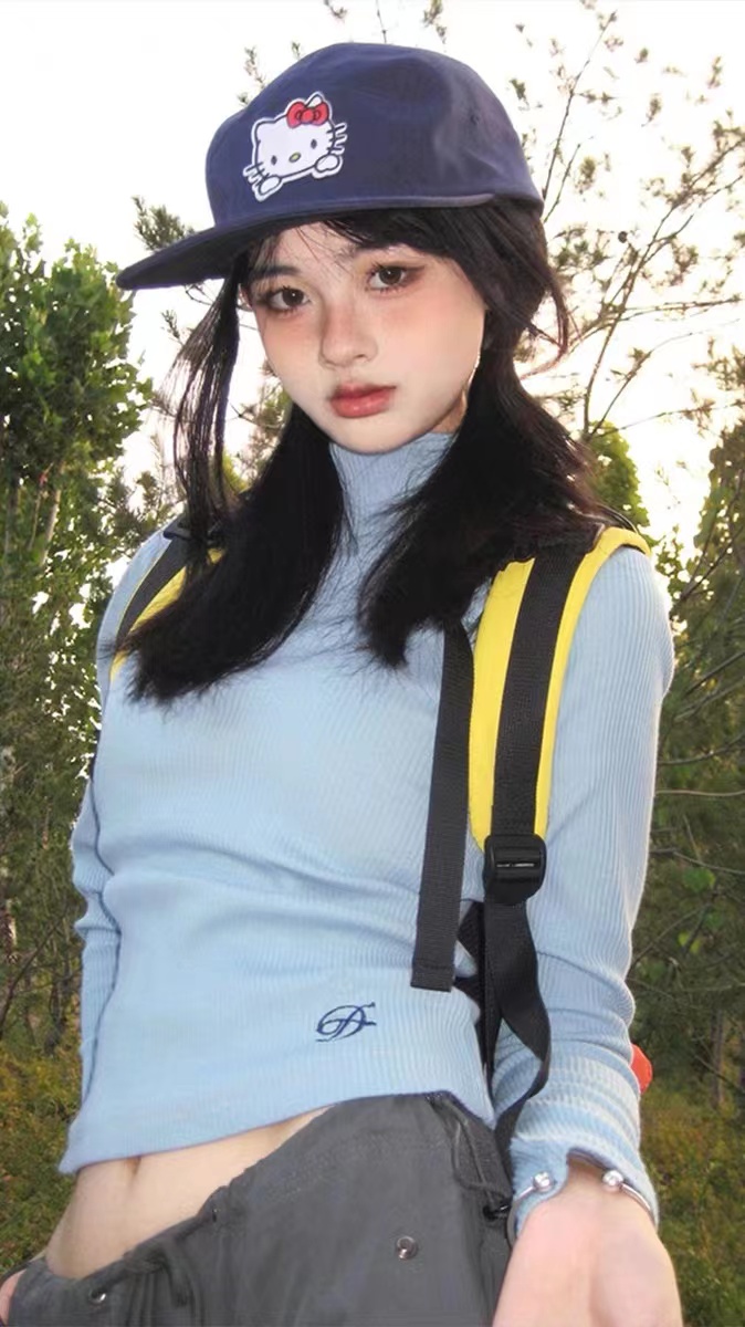 美式正肩藍色長袖t恤女秋季新款內搭打底衫修身半高領辣妹上衣潮