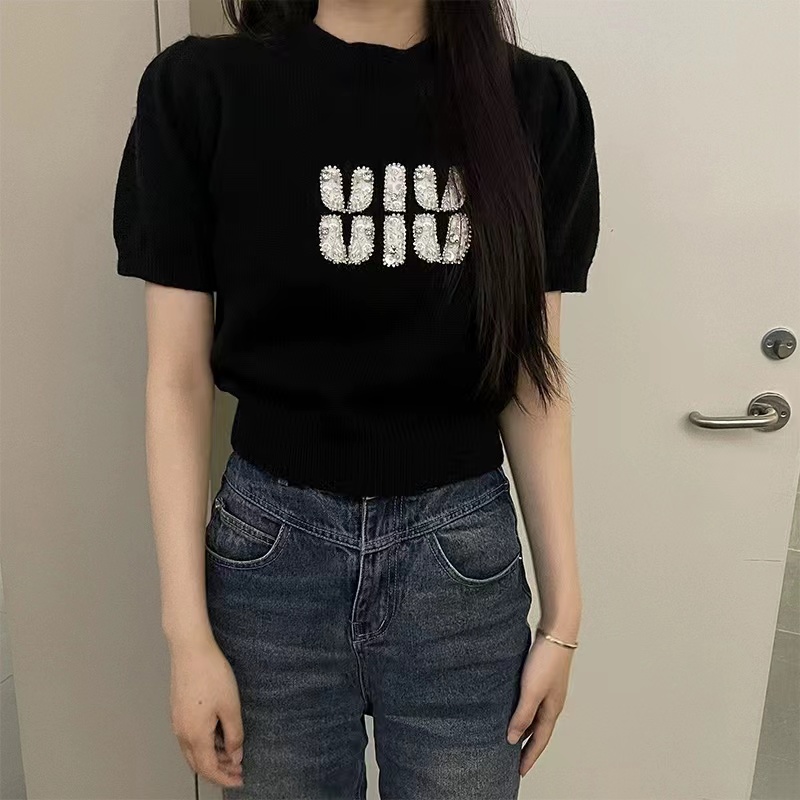 小香風黑色燙鑽字母短袖毛衣女夏季新款短款圓領泡泡袖針織衫上衣