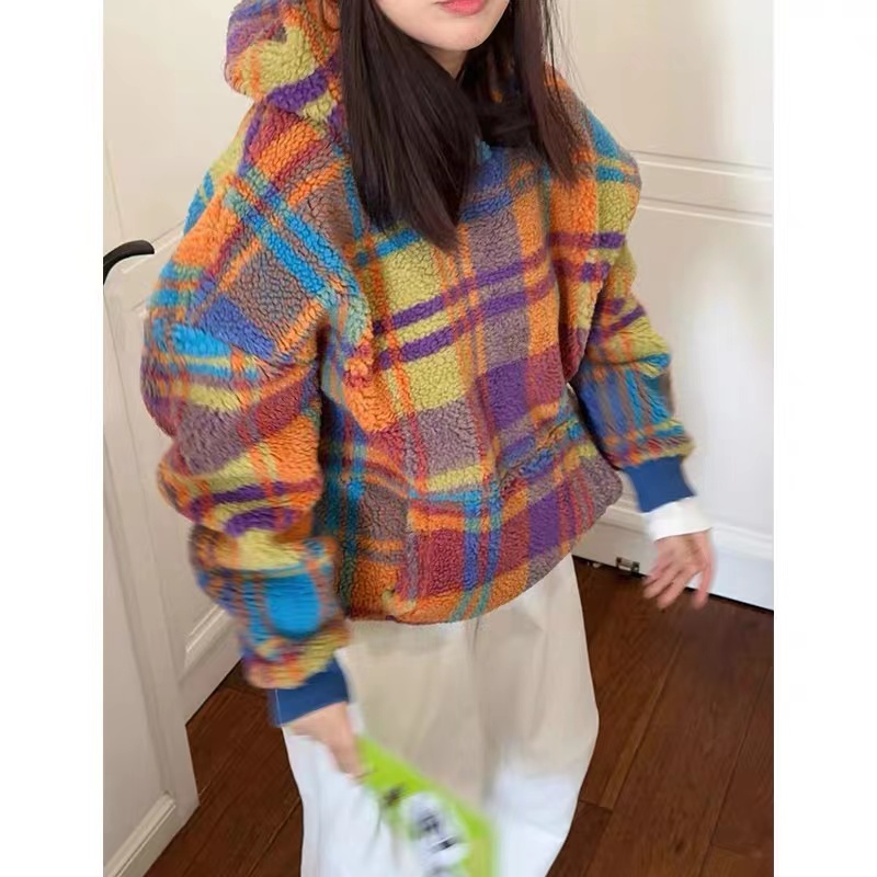 韓系俏皮可愛彩色連帽衛衣女2023秋冬新款別致寬鬆減齡軟糯糯上衣