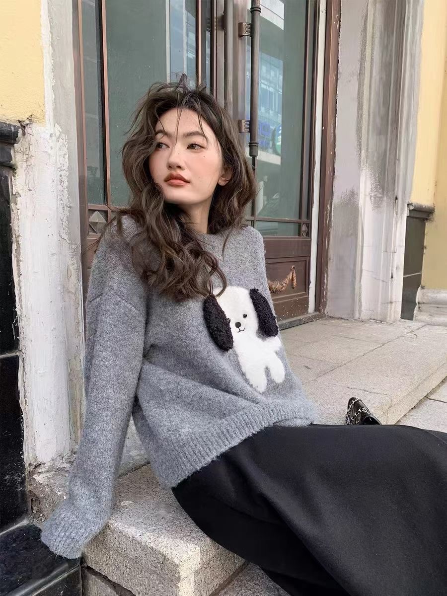 毛絨小狗提花毛衣女秋冬2023新款寬鬆慵懶小個子針織衫