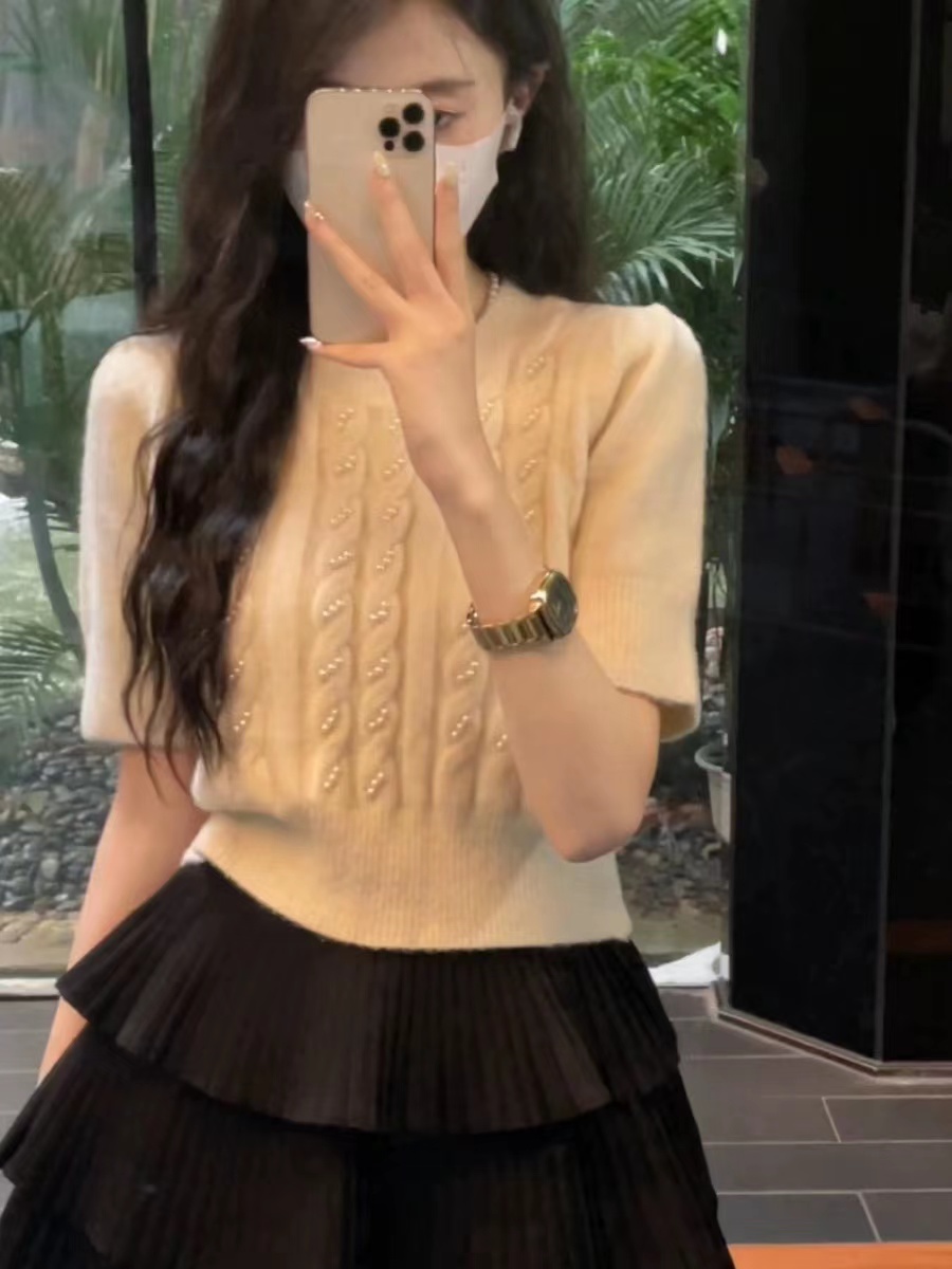 甜美小香重工繡珠麻花短袖針織衫女夏季新款薄款顯瘦寬鬆短款上衣