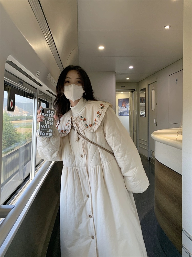實拍秋冬季新款女裝外套學院風休閒日系棉麻長款娃娃領長袖清新