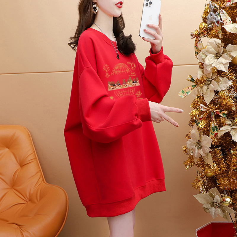 網圖 秋冬韓版寬鬆複合300克銀狐絨400克紅色拜年服加絨衛衣女