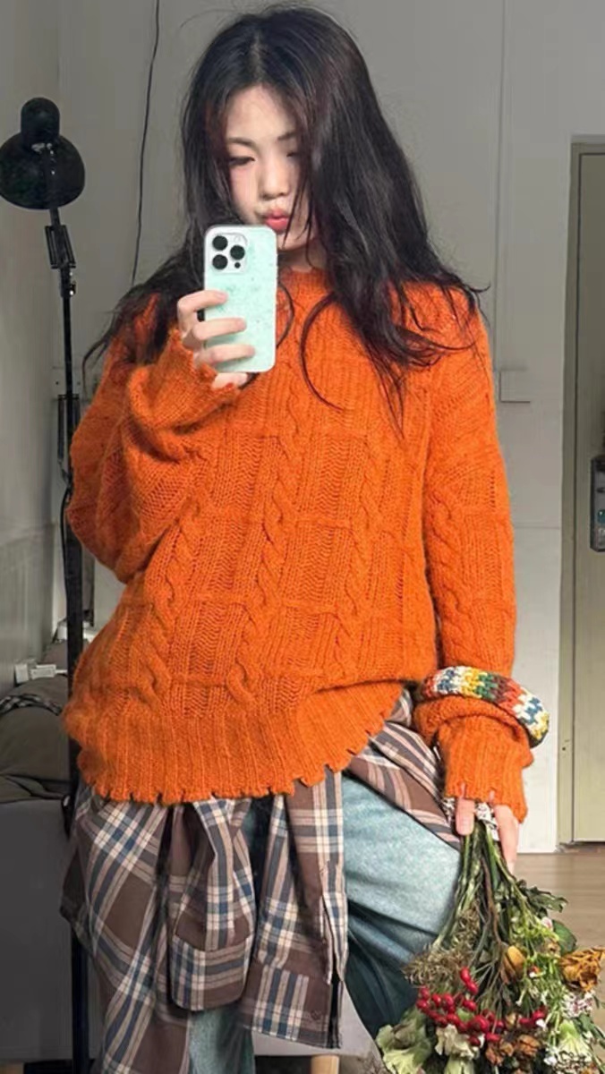 慵懶風軟糯圓領套頭麻花毛衣女秋冬穿搭日系復古中長款粗線針織衫