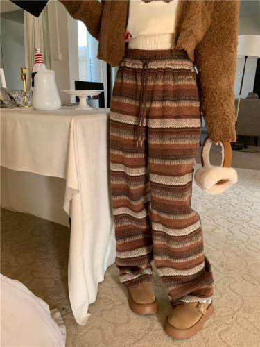 Actual shot of Maillard striped high-waist slim loose woolen thickened casual straight wide-leg pants