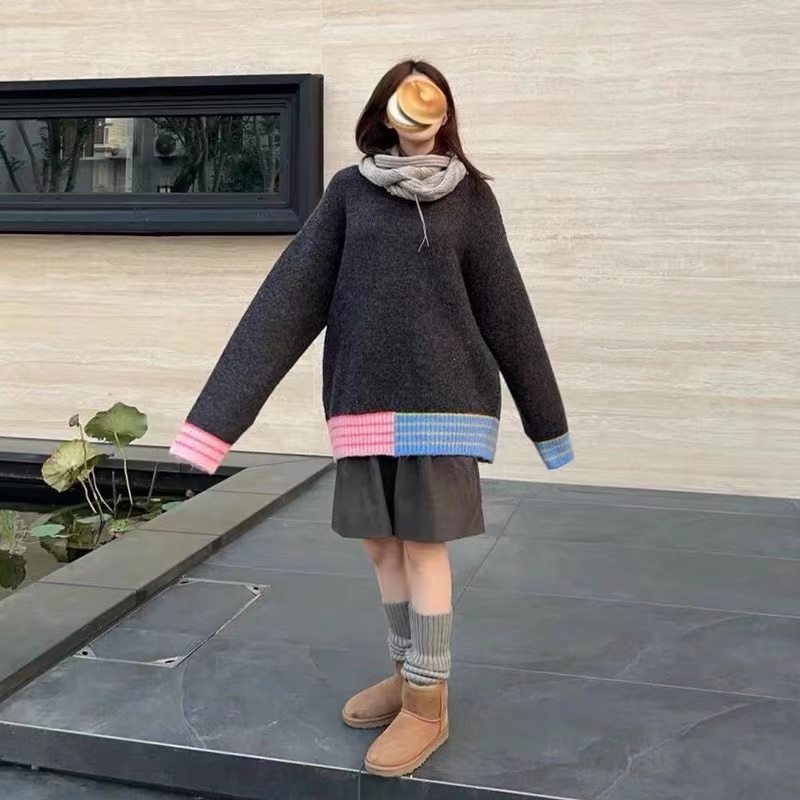 韓版復古撞色毛衣外套女2023秋冬新款高級感軟糯寬鬆套頭針織上衣