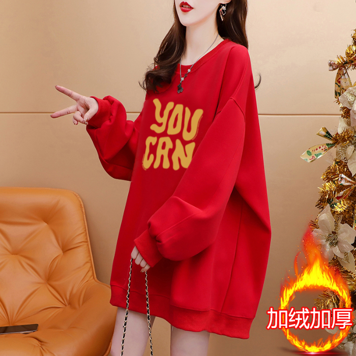 網圖 秋冬韓版寬鬆複合300克銀狐絨400克紅色拜年服加絨衛衣女