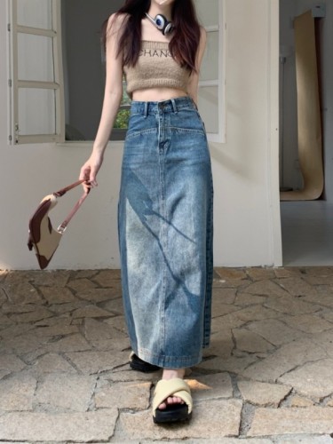 Actual shot of high-waisted denim skirt, A-line slit at the back, loose long denim skirt