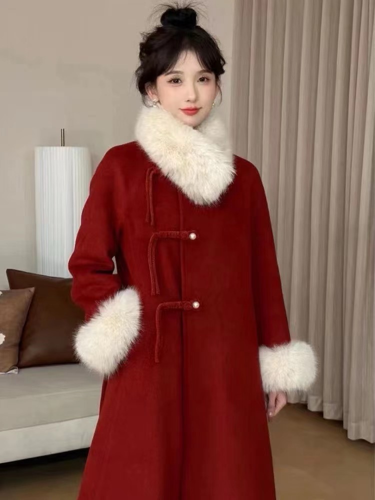佐佐家小個子 新中式盤扣毛呢大衣女冬季加厚寬鬆中長款國風外套