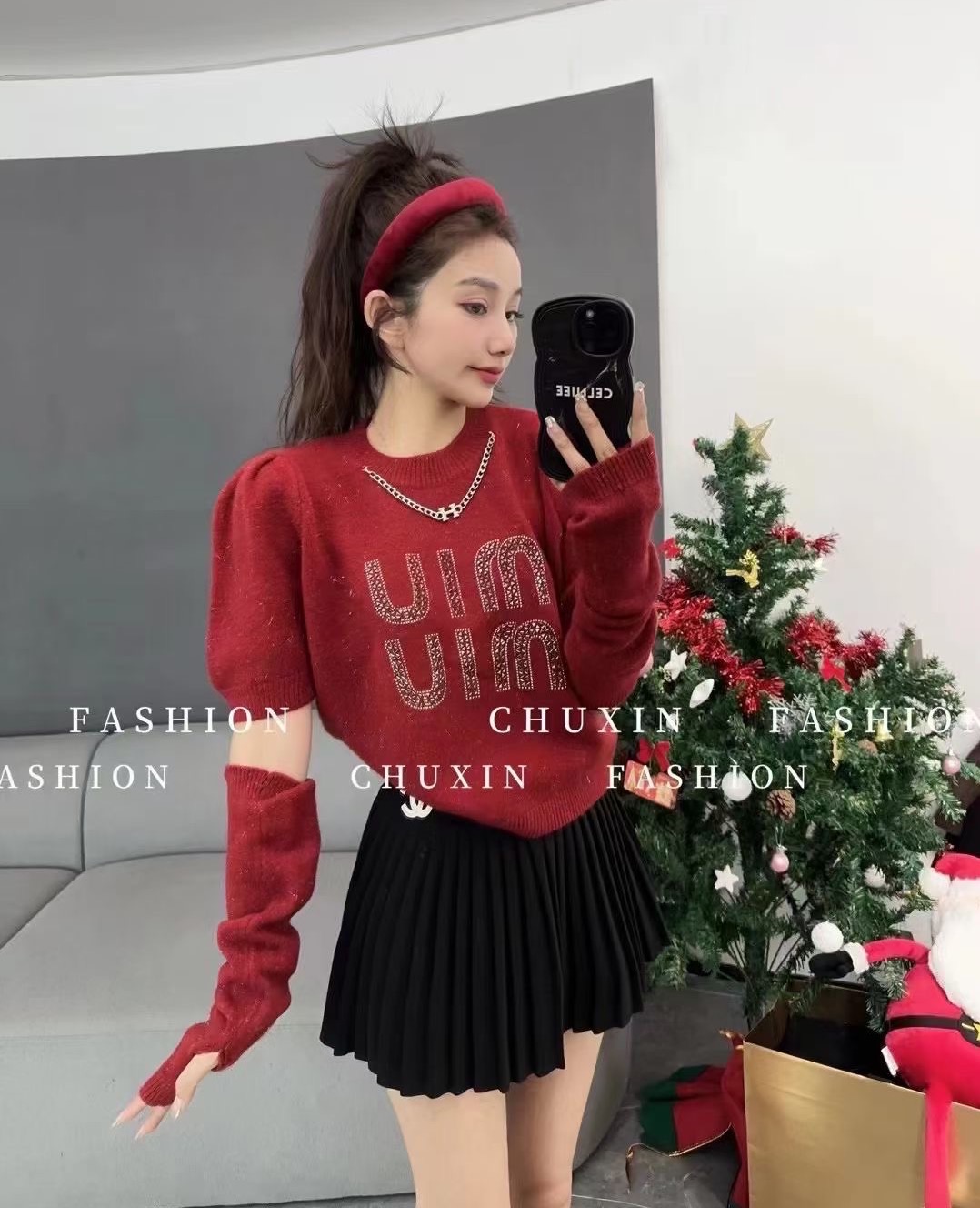 2023 winter new round neck pullover chain split-sleeve Christmas sweater with diamond glitter silk sweet New Year red top