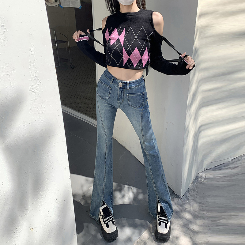 Actual shot of retro high-waist slim jeans 2024 spring and autumn new elastic slim-fit micro-flare slit trousers