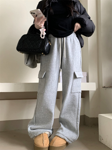 Real shot!  American retro drawstring sweatpants overalls thickened velvet wide leg pants casual pants for women