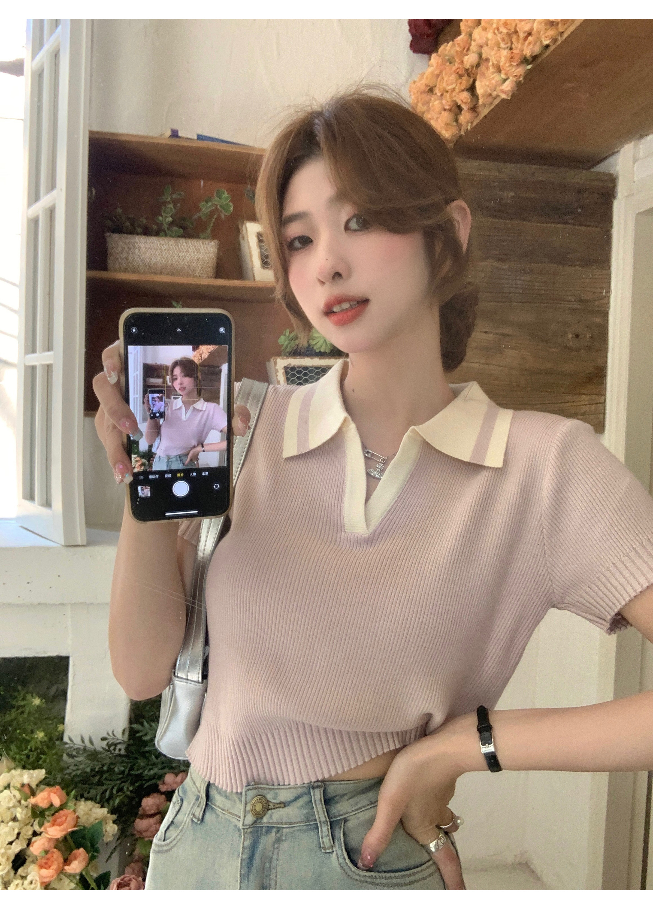 法式漂亮小衫紫色Polo領小眾不撞款小個子甜美高腰短款冰絲上衣夏