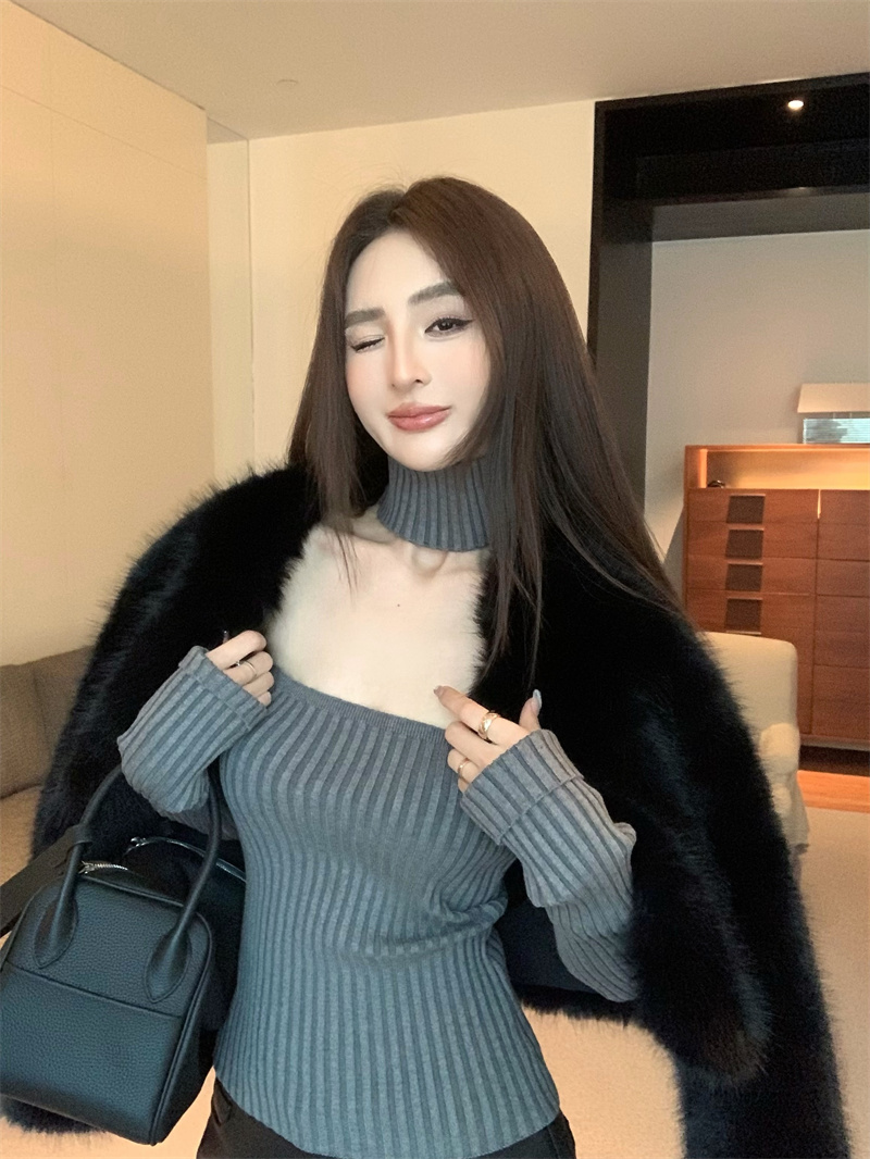 Actual shot of autumn and winter b ready versatile elastic halterneck knitted elastic top