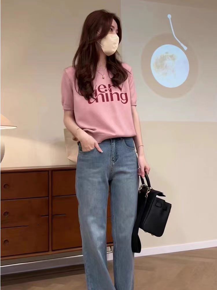 設計感字母短袖針織T恤女2023春夏新款寬鬆顯瘦套頭圓領軟糯上衣
