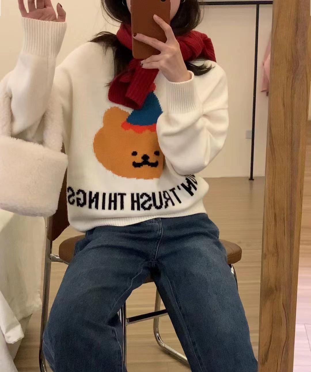 復古小熊聖誕紅色毛衣女秋冬內搭寬鬆慵懶軟糯打底羊絨針織衫上衣