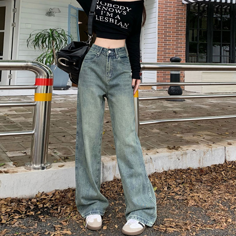 2024 autumn and winter new style loose nostalgic color jeans high waist straight pants floor mopping trousers for women