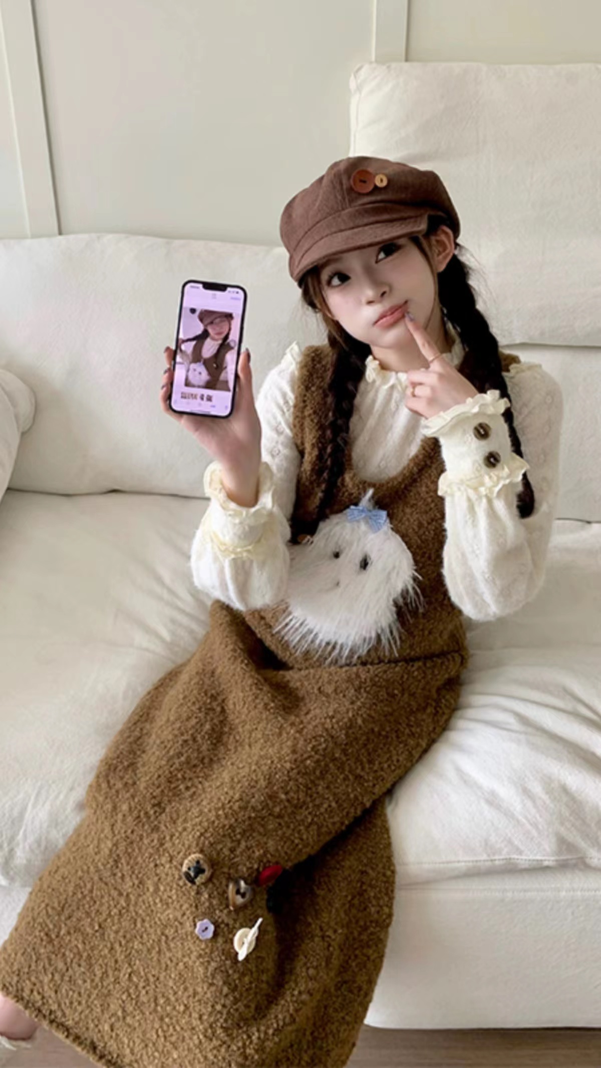 阮阮自製 2023冬新款時尚甜美洋氣減齡小眾圈圈羊毛套裝女兩件套