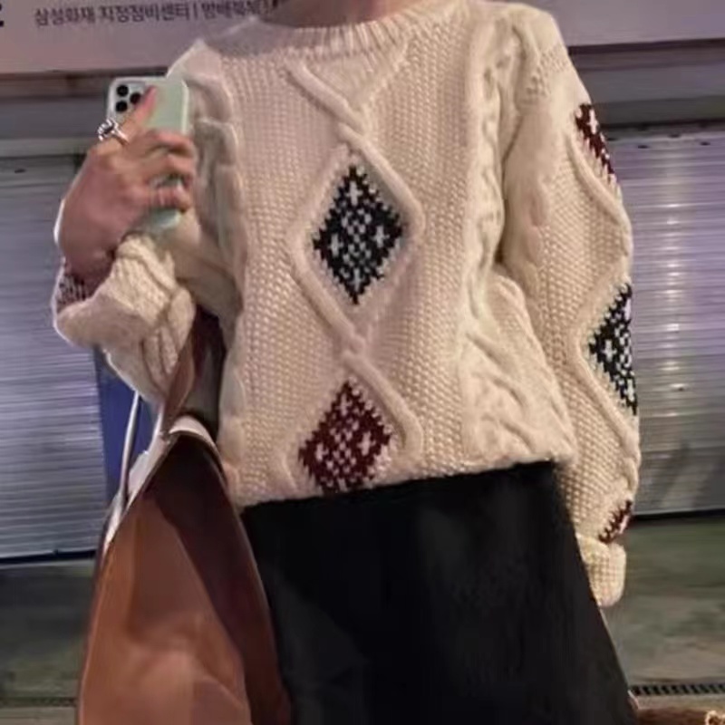 韓國chic秋冬復古慵懶風圓領菱形提花撞色寬鬆百搭長袖針織毛衣女