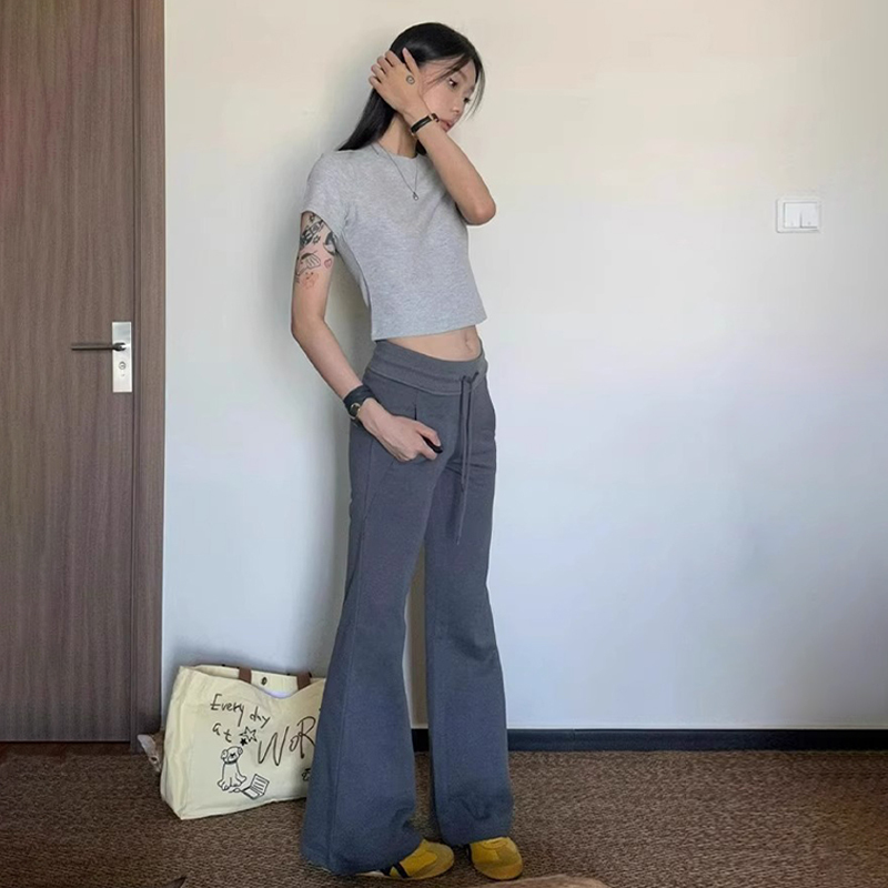 美式辣妹百搭微喇休閒褲女2023新款秋季寬鬆灰色瑜伽顯瘦運動長褲