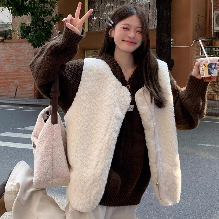 羊羔絨毛毛馬甲女秋冬小個子寬鬆無袖坎肩背心馬夾短款上衣