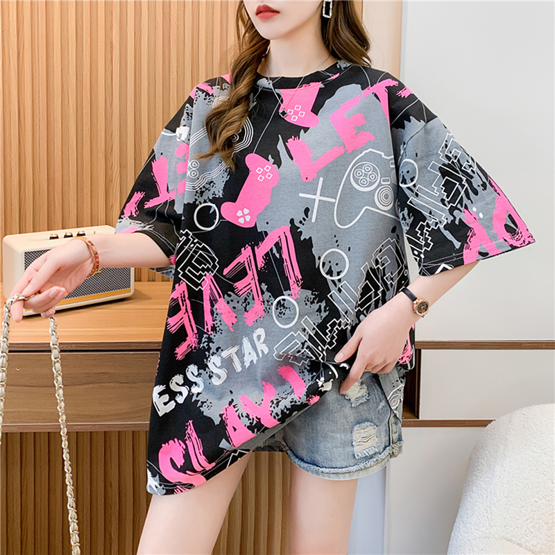 Gray letter half-sleeved T-shirt for women 2024 spring and summer mid-length Internet celebrity couple besties hot girl loose top trendy