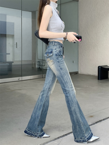 Actual shot of new high-waisted stretch embroidered micro-flare slim-fitting raw edge long jeans for women