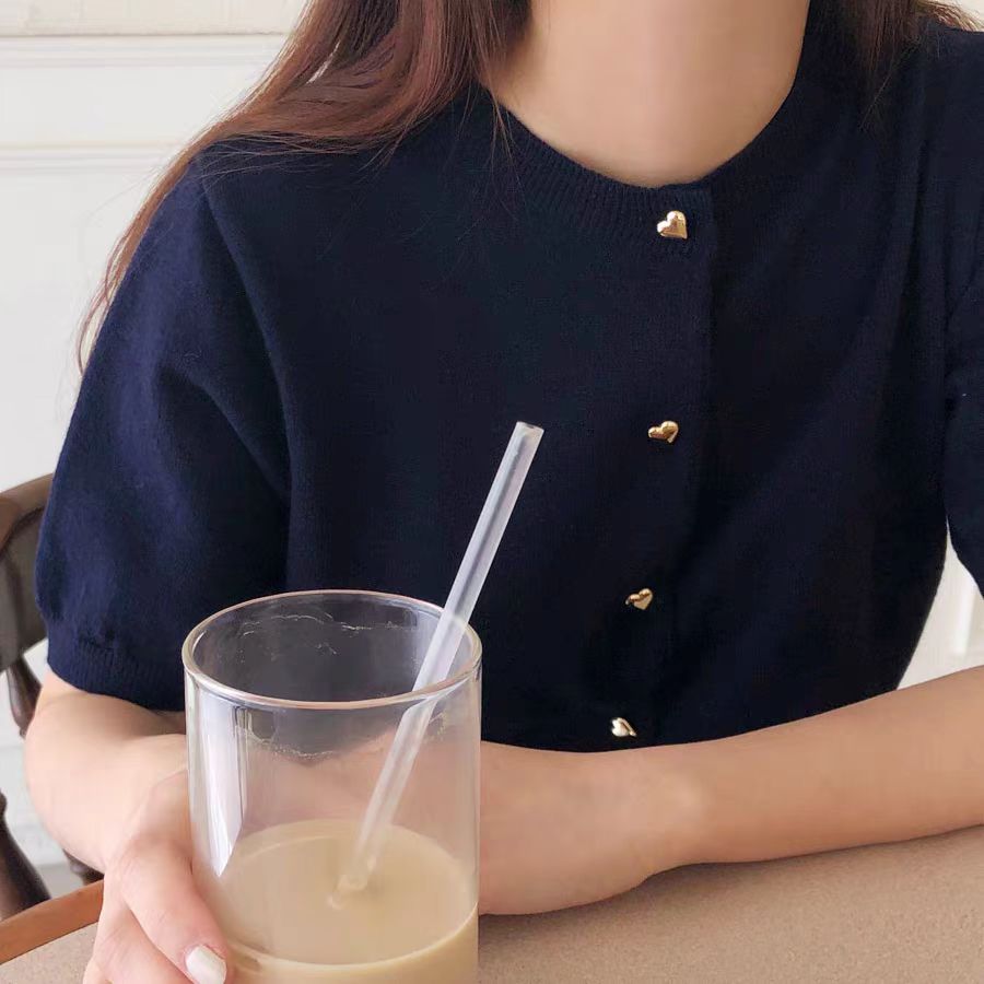 愛心紐扣針織短袖女夏季薄款開衫外套設計感小眾別致獨特短款上衣