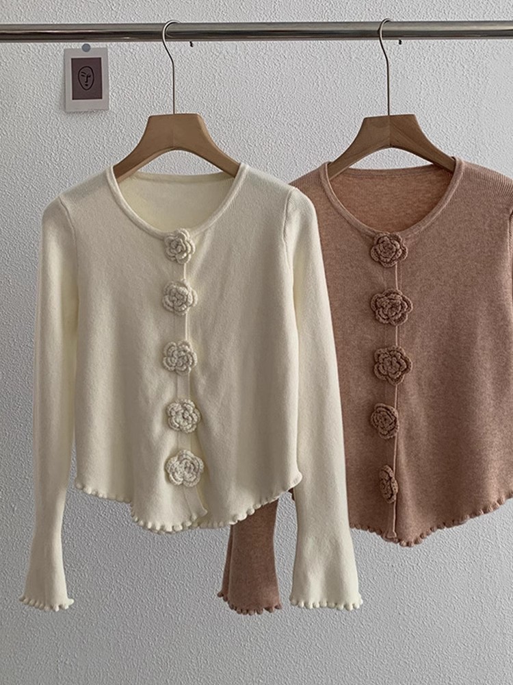 2023 new autumn and winter three-dimensional flower long-sleeved knitted cardigan autumn and winter sweet fungus edge slim bottoming shirt top