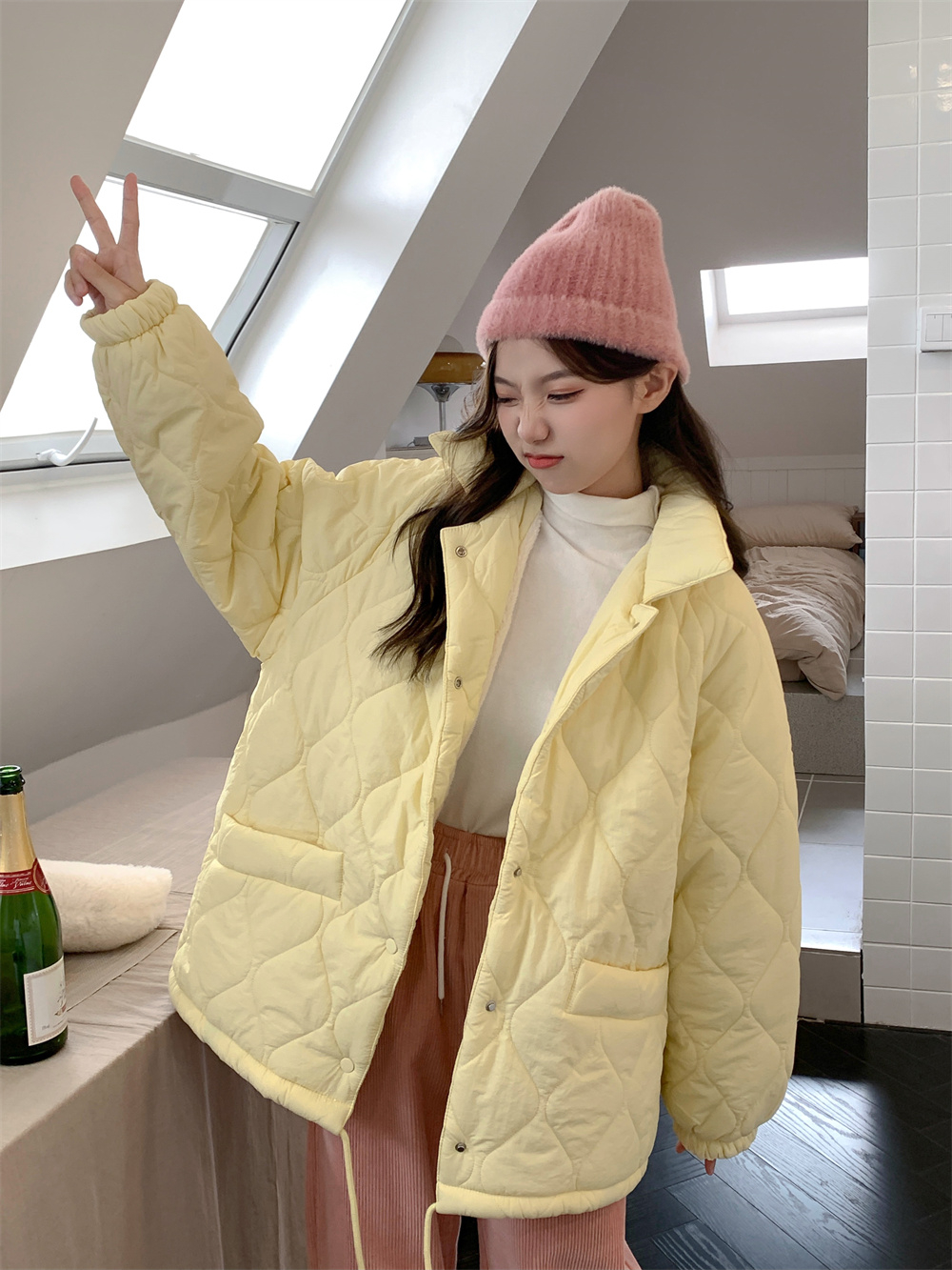 外穿黃色棉衣女棉服棉襖寬鬆學生秋冬季開衫長袖顯瘦保暖外套