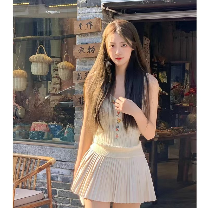 性感純欲風花朵針織吊帶短裙套裝女2023夏季新款顯瘦高腰時尚套裝