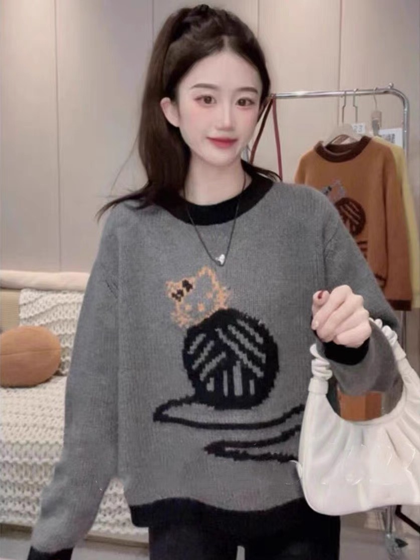 秋冬貓咪卡通減齡長袖針織毛衣女慵懶風圓領套頭休閒設計感上衣潮