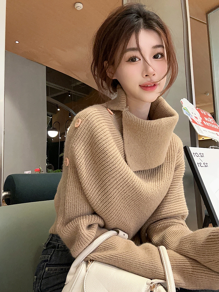 實拍~設計感不規則高領肩部紐扣長袖針織衫女秋冬毛衣潮