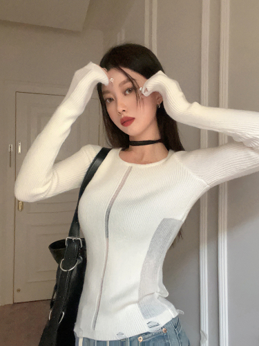 Real shot of hollow long-sleeved sweater for women in autumn solid color round neck versatile slimming bottoming shirt top