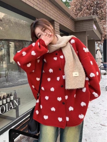 kumikumi撞色爱心刺绣毛衣外套女装冬季oversize针织开衫减龄上衣