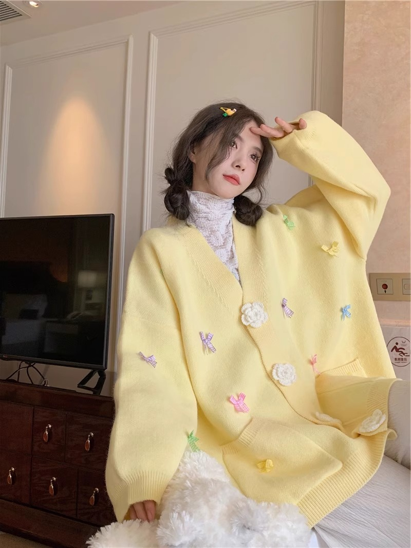 Sheep wool quality Korean milk fufu bow design loose knitted cardigan