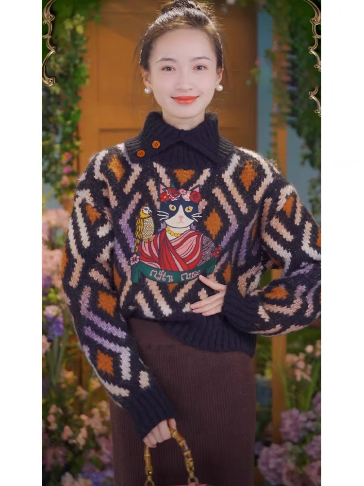 秋冬復古高領保暖黑色菱格時尚女士羊絨毛衣套頭寬鬆長袖上衣百搭
