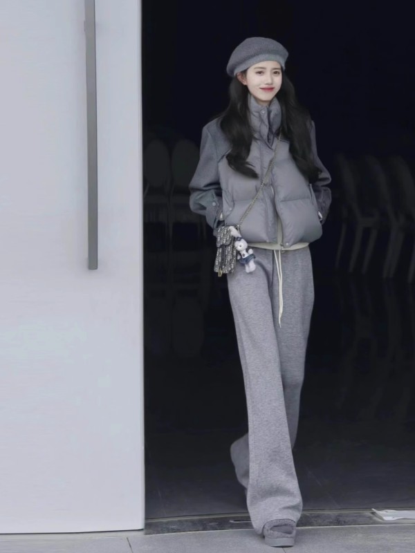 2023冬季新款韓版毛呢拼接短款棉衣外套女寬鬆休閒闊腿褲兩件套裝