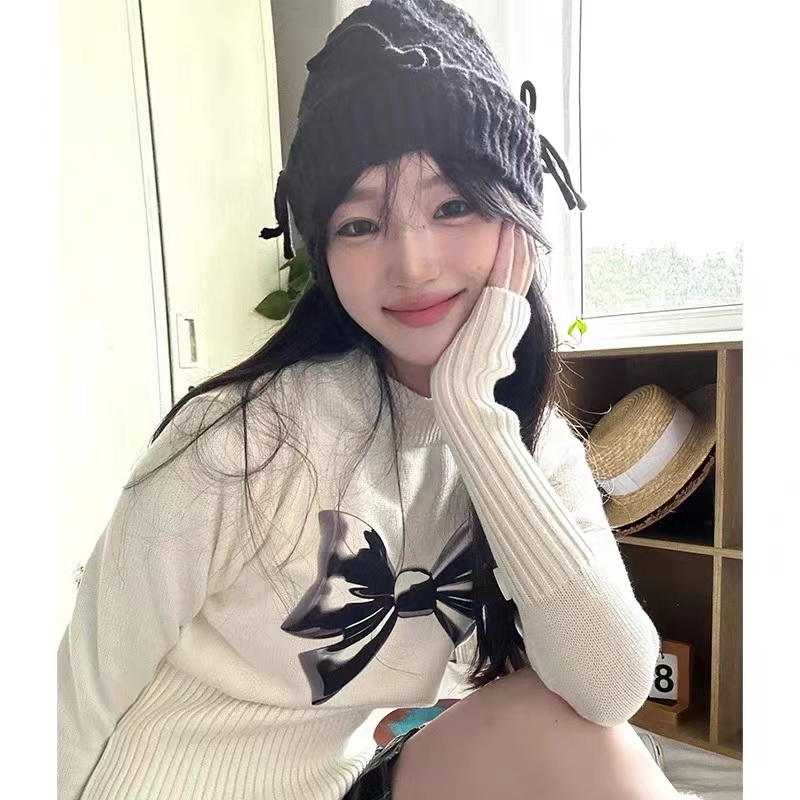 美式復古蝴蝶結印花毛衣2023秋冬新款可鹽可甜修身內搭打底針織衫
