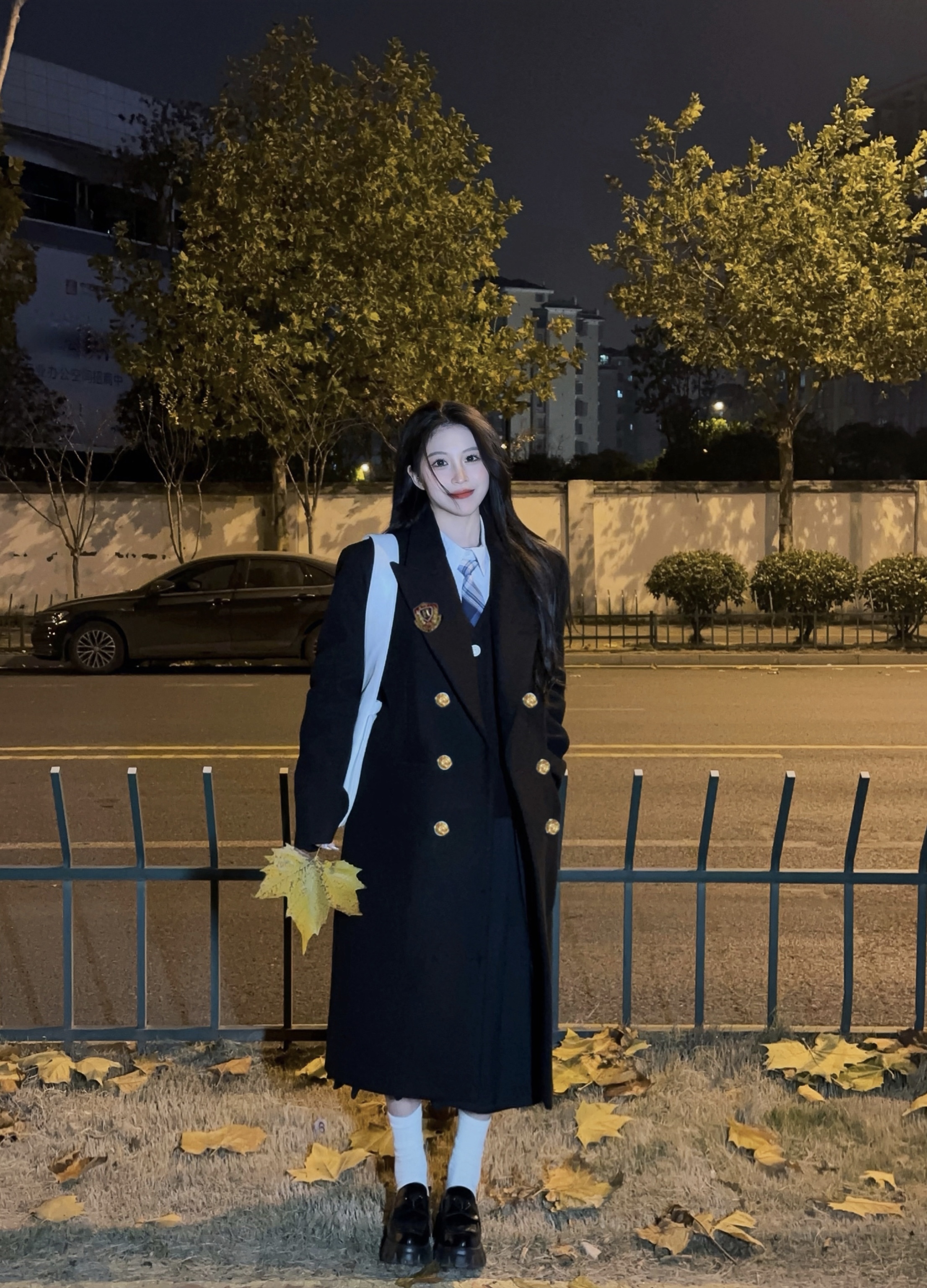 Real shot jk coat mid-length Japanese college student female badge double-breasted woolen college style coat
